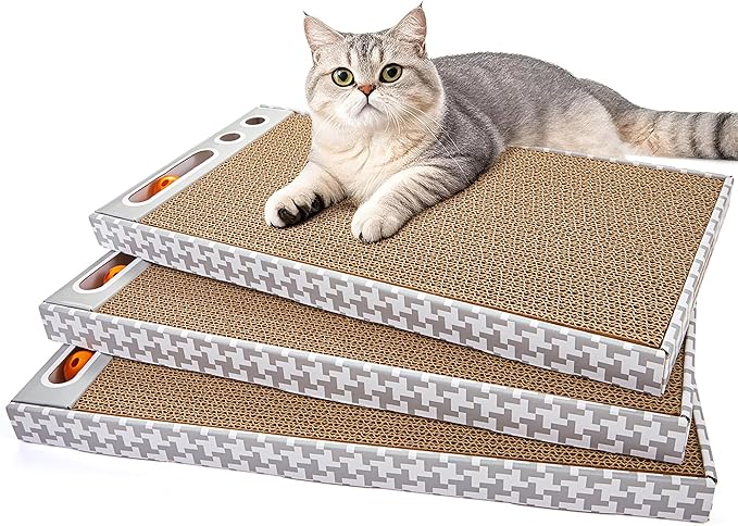 Cat Scratching Board 3 Pack – Reversible Cardboard Scratcher for Indoor Cats, Wide Boxed Scratch Pads with Bell Ball, Durable Corrugated scratchers as Furniture Protector
