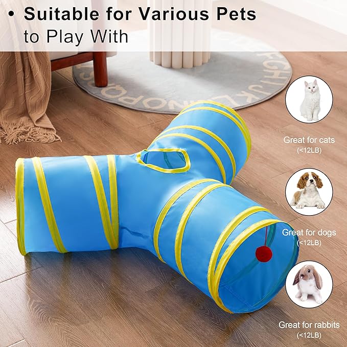 Love's cabin Cat Tunnel Tube Toys 3 Way Collapsible, Cat Tunnels for Indoor Cats，Kitten Tunnel Bored Pet Play Tunnel with Peek Hole Toy Ball for Kitty, Kitten, Rabbit, Puppy Blue&Yellow