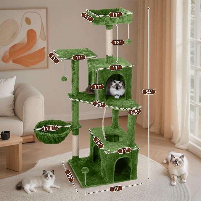 Cat Tree, 54-Inch Cat Tower for Indoor Cats,Plush Multi-Level Cat Condo with Scratching Posts, Basket, Perches,2 Caves,2 Pompoms(Green)