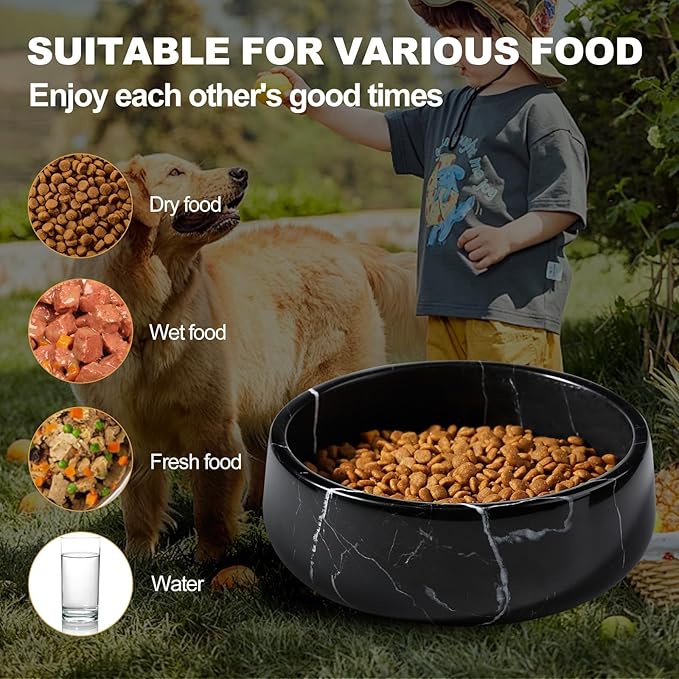 Black Marble Dog Bowl, 3.5lbs Non Slip,Non Spill Heavy Dogs Food Bowl, Large Dog Dish, Weighted Food and Water Bowls for Medium Dogs, Natural Stone Pet Bowl, Easy to Clean, Holds 4.5 Cups
