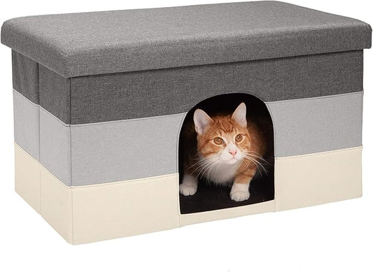 Furhaven Pet House for Indoor Cats & Medium/Small Dogs, Collapsible & Foldable w/ Plush Ball Toy - Living Room Ottoman Cat Condo - Hygge Stripe (Gray/Cream), Large