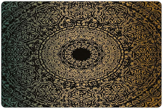 Lunarable Mandala Pet Mat for Food and Water, Round Design Detailed Floral Pattern in Earthy Tones, Non-Slip Rubber Mat for Dogs and Cats, 18" X 12", Fern Green