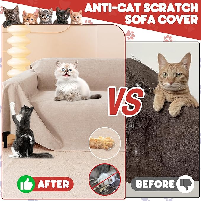 Cat Scratch Furniture Protector - Anti-Slip, Waterproof Sofa Cover to Keep Cats Off, Pet-Friendly Couch Protectors for 3 Cushion Couch, Khaki Anti-Scratch Couch Cover for Pets and Kids 118"X71"