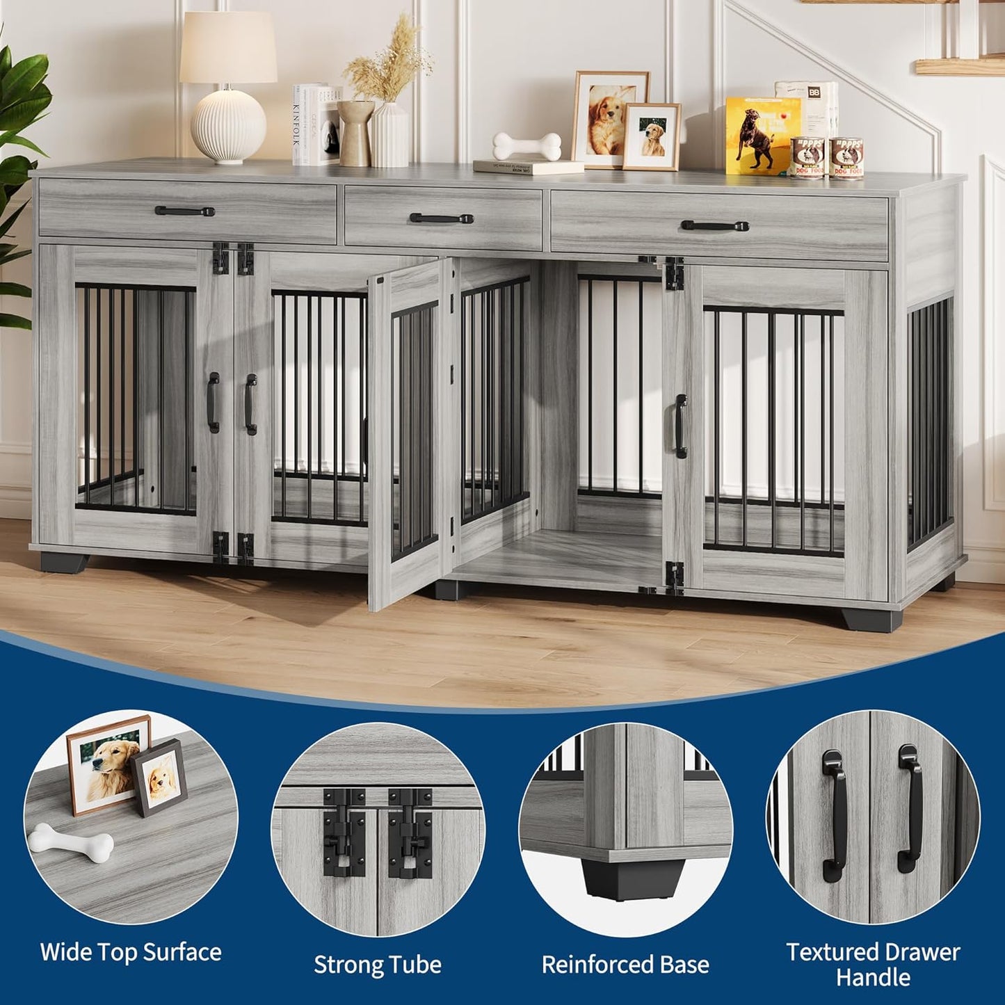 71 Inch Dog Crate Furniture for 2 Rooms, Wooden Double Crate Large Breed with Door, Dog Kennel Indoor, TV Stand End Table with Divider for Large Medium Dogs,Grey