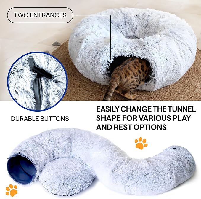 Cat Tunnel Bed Donut Cave – XL Plush Circle Hideaway for Indoor Cats, 3-in-1 Foldable Play Tunnel & Cozy Bed, Gift-Ready House Under Christmas Tree