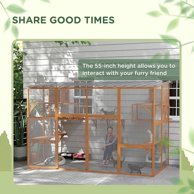 PawHut Catio, Outdoor Cat Enclosure Window Box, Wooden Cat House Playground with Scratching Posts, Weather Protection Roof for 1-5 Kitties, Resting Boxes, 118" x 55" x 75.5", Orange