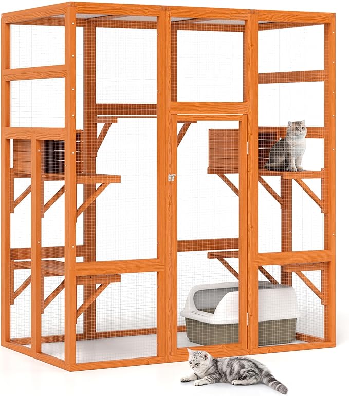 71Inches Large Wood Catio Outdoor Cat Enclosure with Perches and Condos, Cat House Indoor with Waterproof Roof, Cat Shelter 7 Platforms & 2 Resting Box, UV Resistant (Orange)