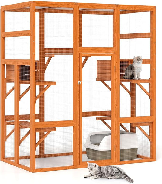 71Inches Large Wood Catio Outdoor Cat Enclosure with Perches and Condos, Cat House Indoor with Waterproof Roof, Cat Shelter 7 Platforms & 2 Resting Box, UV Resistant (Orange)