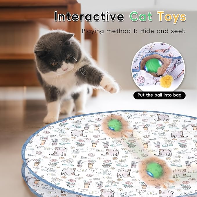 Interactive Cat Toys for Indoor Cats, Fast Rolling Cat Ball Toy in Pouch, Automatic Motion Activated Moving Ball Hide and Seek Exercise Game for Bored Cats, Rechargeable Kitten Toys with LED Light