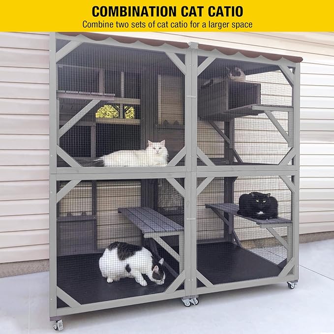 Aivituvin Cat Catio Outdoor Cat House Movable Large Enclosures on Exercise Wheels Kitty Cage with Upgraded Resting Box,Waterproof Cover