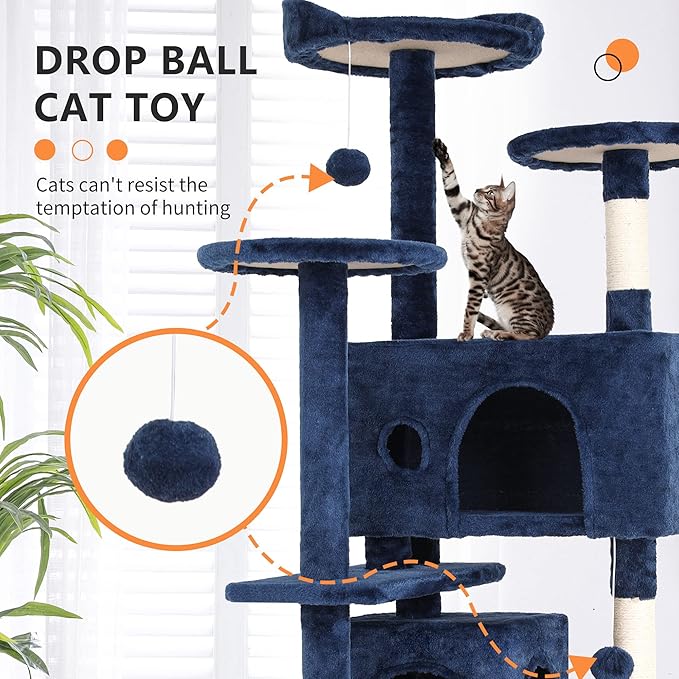 BestPet | 54" Cat Tree Tower | Navy Blue | Sturdy, Easy to Assemble, Multi-Level Activity Center with Sisal Scratching Posts, Condos, Perches, Hanging Cat Toys, Observation Decks & Ladder