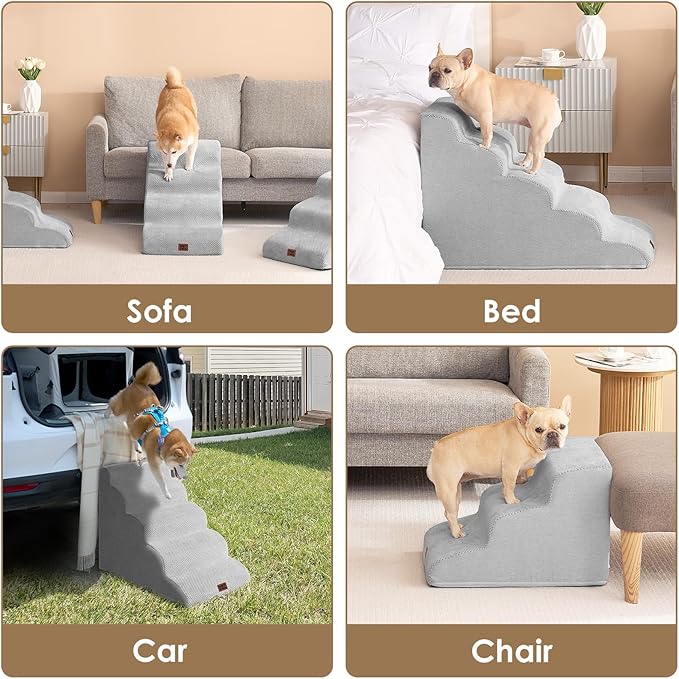 EHEYCIGA Curved Dog Stairs Ramp for High Beds 19.7" H, 4-Step Dog Steps for Small Dogs and Cats, Pet Stairs for High Bed Climbing, Non-Slip Balanced Pet Step Indoor, Light Grey