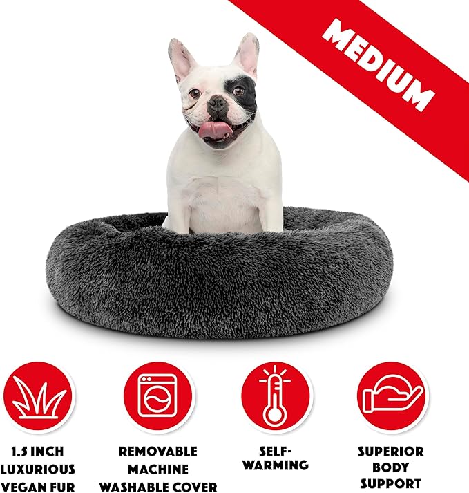The Dog’s Bed Sound Sleep Donut Dog Bed, Med Steel Grey Fur Calming Nest Bed, Veterinary Approved