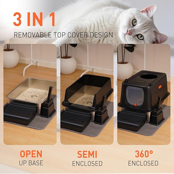 Citylife Stainless Steel Cat Litter Box with Lid, Front & Top Entry Extra Large Metal Kitty Litter Box Enclosure with Scoop & Double Layer Mat, Anti-Leakage, Non-Sticky, Black