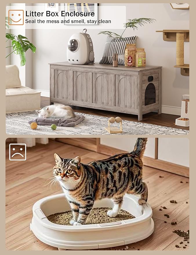 DINZI LVJ Cat Litter Box Enclosure, Flip Top Litter Box Furniture, Hidden Cat Washroom, 2-Entrances Wooden Pet House, 47.2" L x 18.7" W x 19.7" H, End Side Table, TV Stand, Easy to Assemble, Greige