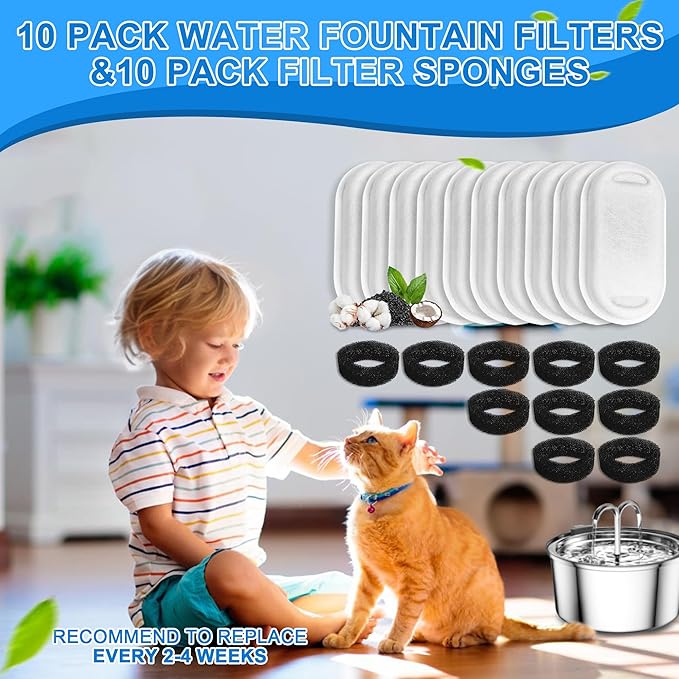 Cat Water Fountain Filters, 20Pack Cat Fountain Replacement Filters for Stainless Steel 108oz/3.2L& 67oz/2L adjustable Water Flow Pet Water Fountain,Dog Water Fountain Filters（10 Filters& 10 Sponges)