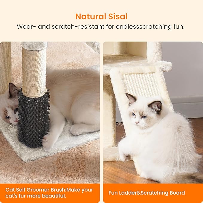Heybly Cat Tree with Cat Self Groomer Brush, Cat Tower Condo for Indoor Cats with Padded Plush Perch, Cat House with Basket Scratching Board Post, Beige HCT005SM