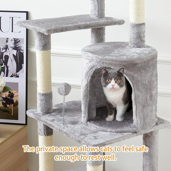 Large Cat Tree,65-inch Tall Multi-Level Cat Tower with Sisal-Covered Scratching Posts, Condo, Hammock, Dangling Ball,Light Grey