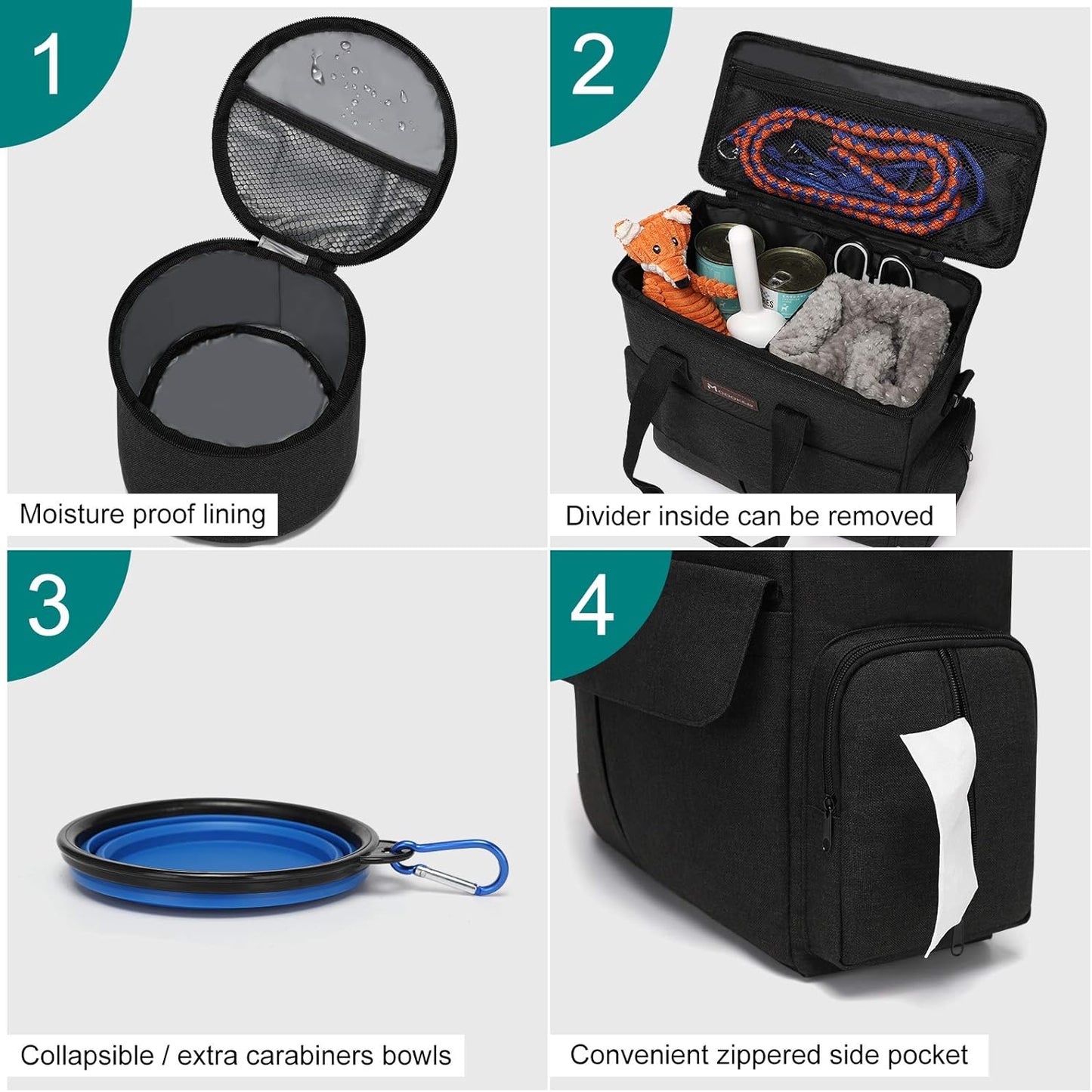 Dog Travel Bag by Modoker - Dog Travel Kit for a Weekend Away Set Includes Pet Travel Bag Organizer for Accessories, 2 Collapsible Bowls, 2 Travel Food Container (Black)