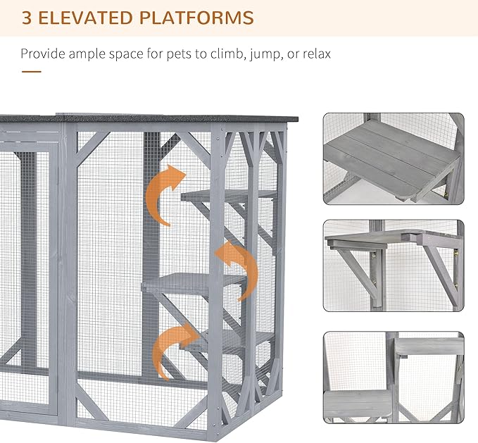 PawHut Outdoor Cat House - Wooden Feral Cat Shelter with Platforms, Large Entrance, Weather Protection Asphalt Roof, 71" L, Gray