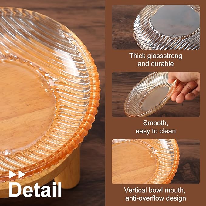 Cat Bowls Whisker Friendly with Wooden Stands. Raised Elevated Glass Whisker Fatigue Cat Bowl for Indoor Cats. 2PCS (Amber)