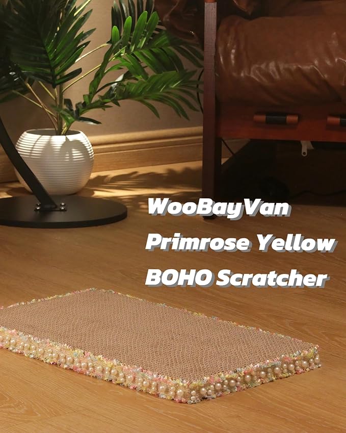 Primrose Yellow Cat Scratch Pad, Stylish Boho Lace with Pearl Large Cardboard Cat Scratcher, Cat Scratchers for Indoor Cats, Durable Cat Scratching Board, Horizontal Scratch Pad for Cats