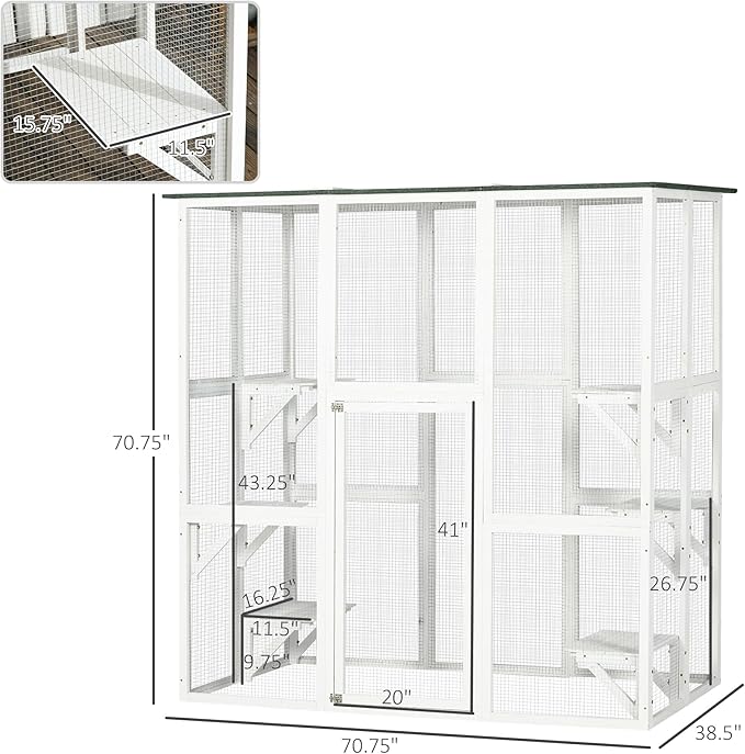 PawHut Outdoor Cat House Big Catio Wooden Feral Cat Shelter Enclosure with Large Spacious Interior, 6 High Ledges, Weather Protection Asphalt Roof, 71" L, White