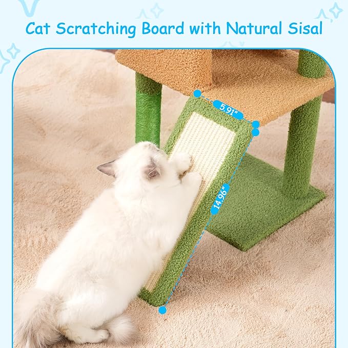 Hey-brother Cat Tree, 42.5-Inches Cat Tower for Indoor Cats, Plush Multi-Level Kitten Cat Condo with Scratching Post,Ramp, Basket, Spacious Cat Cave, Hanging Ball, Green and Yellow MPJ007SGY