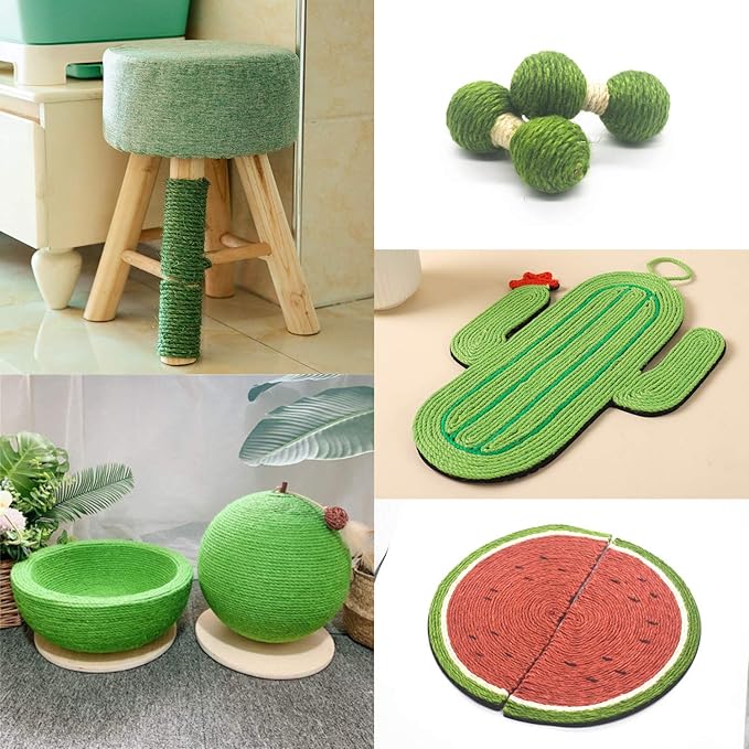 Green Cat Sisal Rope 6mm,JSPYFITS 1/4 inch Premium Durable Unoiled Sisal Twine for Repairing, Recovering or DIY Scratcher, Twisted Fiber Hemp Rope for Cat Tree and Tower (10M/33FT)