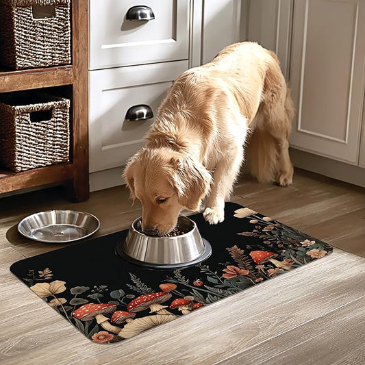 Vintage Mushroom Flower Pet Cat Dog Food Mat-Absorbent Quick Dry Feeding Placemat for Water and Food, No Stains Rubber Base Mat for Indoor Use, Pet Accessories 12"x20"
