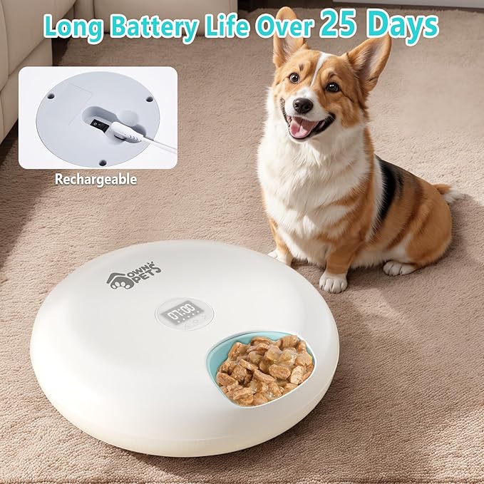 Ownpets 6 Meals Automatic Cat Feeder for Wet/Dry Food, with 2 Ice Packs, Programmable Timed Pet Feeder, Cordless Rechargeable Battery Auto Feeder for Cats/Small Dogs