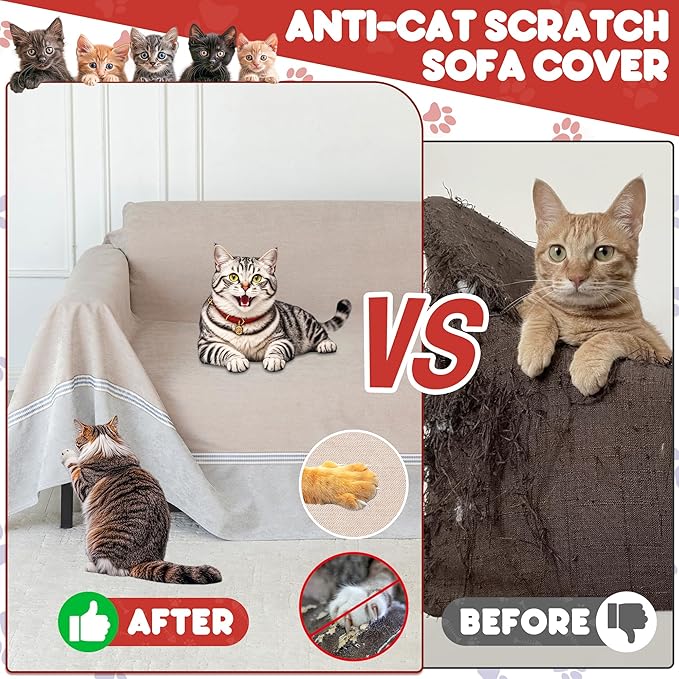 Loiion Cat Scratch Furniture Protector - Anti-Slip, Waterproof Sofa Cover to Keep Cats Off, Pet-Friendly Couch Protectors for 3 Cushion Couch, Anti-Scratch Couch Cover for Pets and Kids 134"X91"Khaki