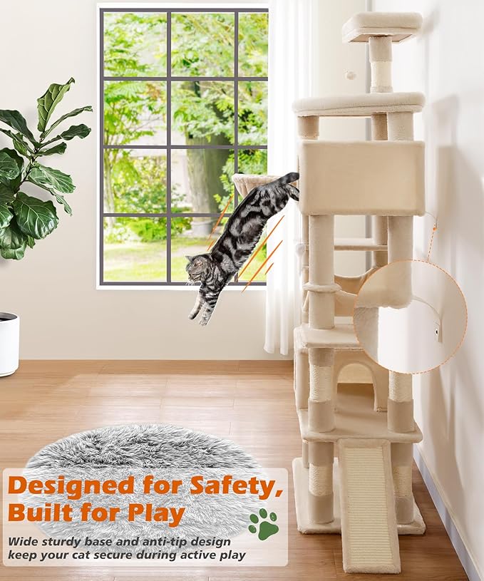 AMHANCIBLE Large Cat Tree, 83 Inch Multi-Level Tall Tower for Indoor Adult Cats, with Scratching Post and Board, Hammock, Condos, Hanging Basket, Activity Center to Play and Sleep, Beige, PT21BG