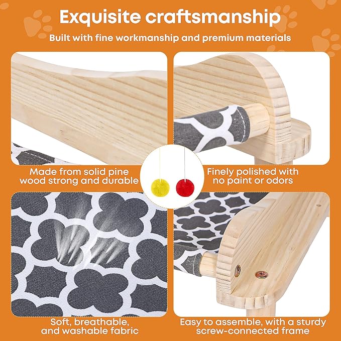 Large 3-Layer Cat Hammock Bed, 24"x15.7"x26.8" Elevated Cat Bed with Pine Wood Frame, Breathable Washable Covers, Wooden Pet Furniture for Indoor Cats and Small Animals(Grey, 3-Tier)