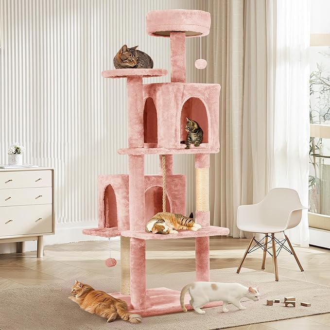 58.5inch Large Cat Tree Tower Condo for Indoor Cats, Soft Plush Multi-Level Climbing Tree Cat House with 1 360° Rotating Cat Cave, Scratching Post, More Entrance/Exit, Sisal Rope, Pink
