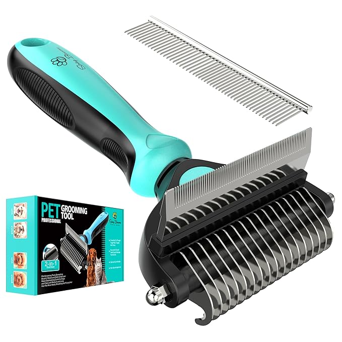 Spring Blossoms-2 in 1 Professional Grooming Rake for Cats & Dogs-Dematting Comb for Easy Mats & Tangles Removing,Pet Brush Safe No More Nasty Shedding and Flying Hair (Cyan)