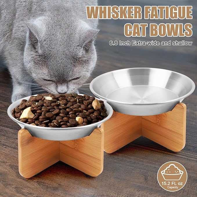 Elevated Cat Bowl with Bamboo Stand, 6.8" Extra Wide Shallow Raised Stainless Steel Cat Bowls Whisker Friendly, 2 Pack Food and Water Dishes for Indoor Cats, Kitten, Puppies and Small Dogs