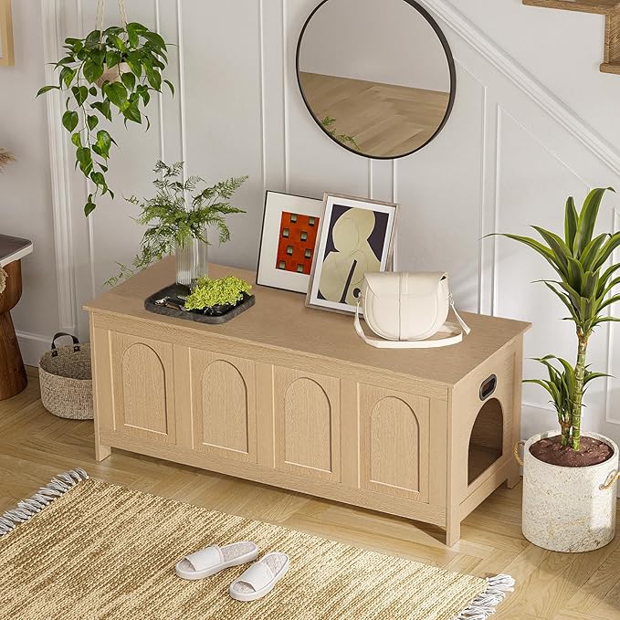 DINZI LVJ Cat Litter Box Enclosure, Flip Top Litter Box Furniture, Hidden Cat Washroom, 2-Entrances Wooden Pet House, 47.2" L x 18.7" W x 19.7" H, End Side Table, TV Stand, Easy to Assemble, Natural