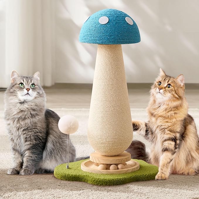 21.5‘’ H Cat Scratching Post with Catnip,Cute Mushroom Cat Scratcher Post with Durable Natural Solid Wood Turntable Toy, Sky Blue Mushroom Shape Design Cat Toy Cat Sisal Scratcher for Indoor Cats