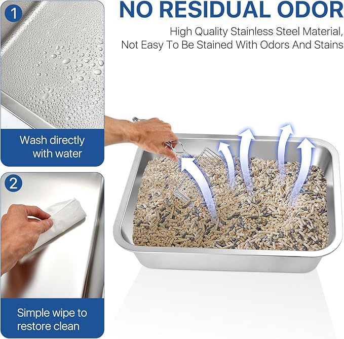 Stainless Steel Cat Litter Box, 16 x 12 x 4 Large Litter Box, Non Stick Kitty Litter Pan with Metal Litter Scoop and Anti Slip Stickers for Kitten, Guinea Pig and Rabbit