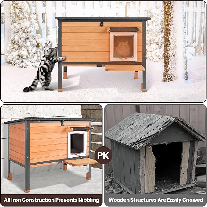 Insulated cat House Outdoor Weatherproof for Winter, Feral Cat Shelter with Insulated Liner, All Round Metal Frame Wooden Condos, Indoor and Outdoor Use for Cat, Rabbit and Small Animal