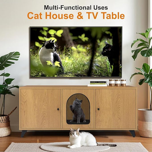 Cat Litter Box Enclosure for 2 Cats, Modern Hidden Litter Box Furniture with Double Room, Large Cat House Washroom Cabinet with Scratch Pad, 46.5" x 19.7" x 19.7" (Natural Oak)