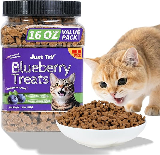 Just Try 16 OZ Blueberry Cat Treats for Indoor Cats, Gluten Free, Low-Calorie Healthy Cat Snacks, Plant-Based Fiber-Rich Natural Chicken Flavor Training Treats