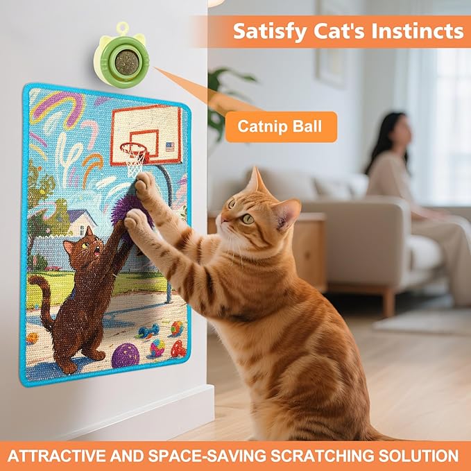 Wall Cat Scratche Stylish Sisal Scratch Mat with Natural Catnip, Artistic Furniture Protector for Couch/Wall, Durable Anti-Scratch Pad for Cats (23.6x15.7 Inch