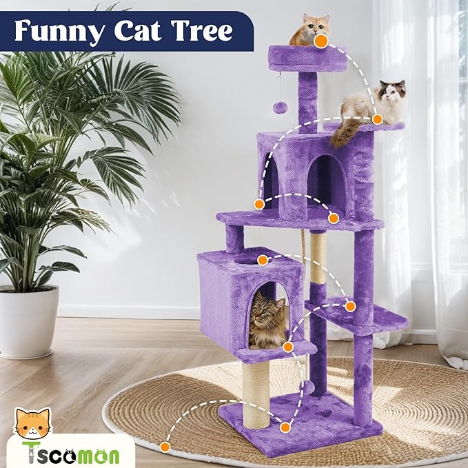 58.5inch Large Cat Tree Tower Condo for Indoor Cats, Soft Plush Multi-Level Climbing Tree Cat House, Scratching Post, More Entrance/Exit, Sisal Rope, Violet Purple