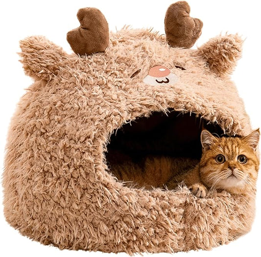Animal Design Pet Bed Cat Dog Bed for Indoor Cats Pet Tent Cave with Removable Cushion Plush Half-Enclosed Warm House for Cats Small Dogs Kitten Puppy Sleeping (Deer,Small)