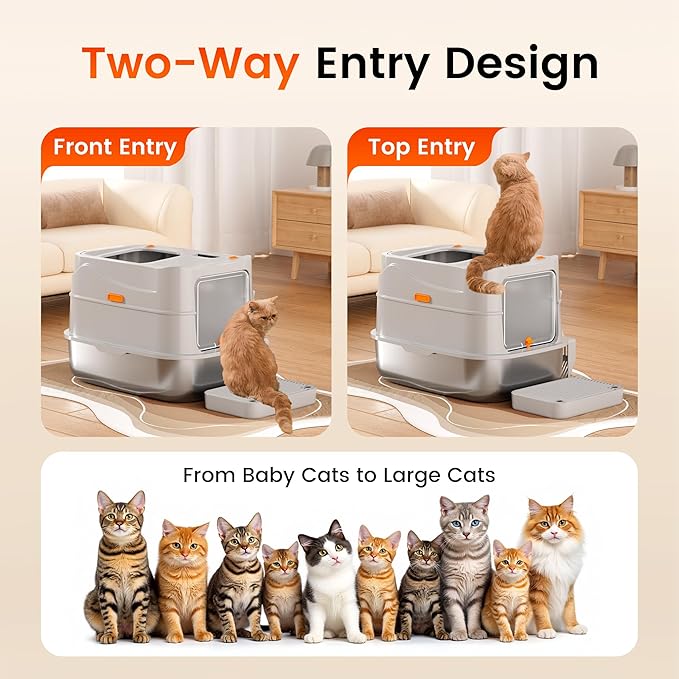 Extra-Large Stainless Steel Cat Litter Box with Lid, Dual Entry Design (Front & Top), Leak-Proof & Odor-Free, Easy to Clean Metal Kitty Litter Pan with Scoop & Filter Pedal