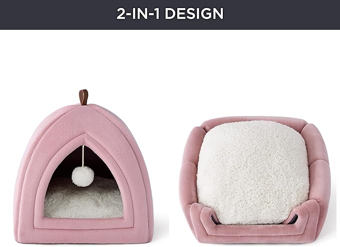 Bedsure Cat Beds for Indoor - 2 in 1 Cat Cave House Tent for Kittens and Small Pets with Removable Washable Cushioned Pillow, Foldable Kitten Hideaway with Non-Slip Bottom, Pink, 17.3 inches