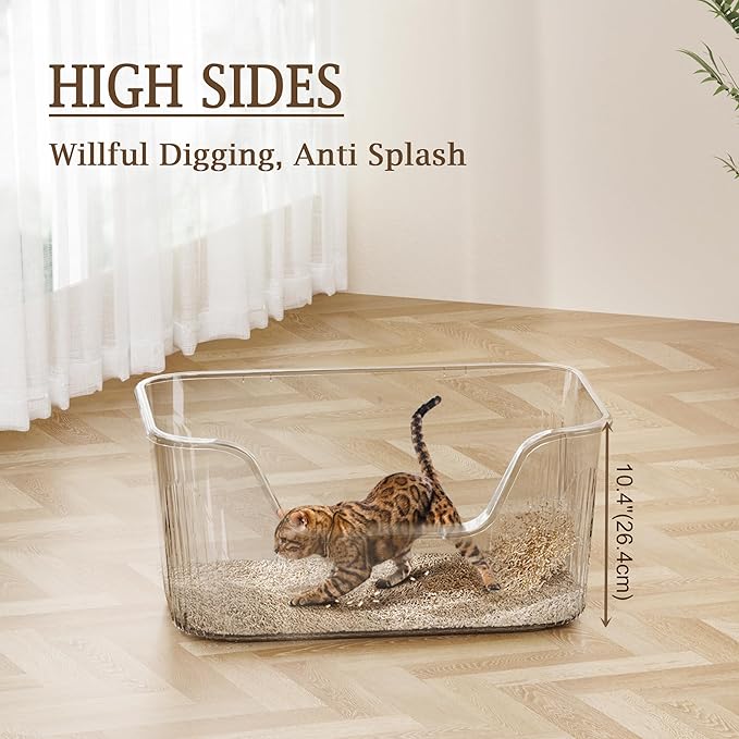 Large Litter Box with High Sides 21.5 * 16.1 * 10.4 inches Big Litter Boxes for Large Cats Easy Clean Open Cat Litter Box, Anti-Splashing&Leak-Proof, Grey