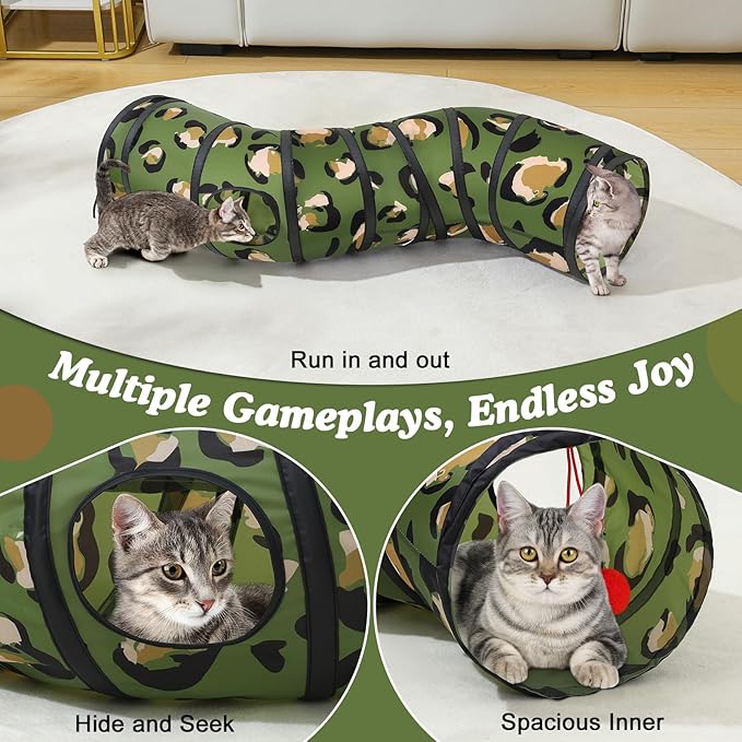 Pawaboo Cat Tunnel, S-Shaped Cat Tube Tunnel 25 * 97cm(9.8''*38.2'') with Balls and Bells, Collapsible Portable Kitten Play Tent Toy Interactive Cats House with Peep Holes for Kitty, Leopard Print